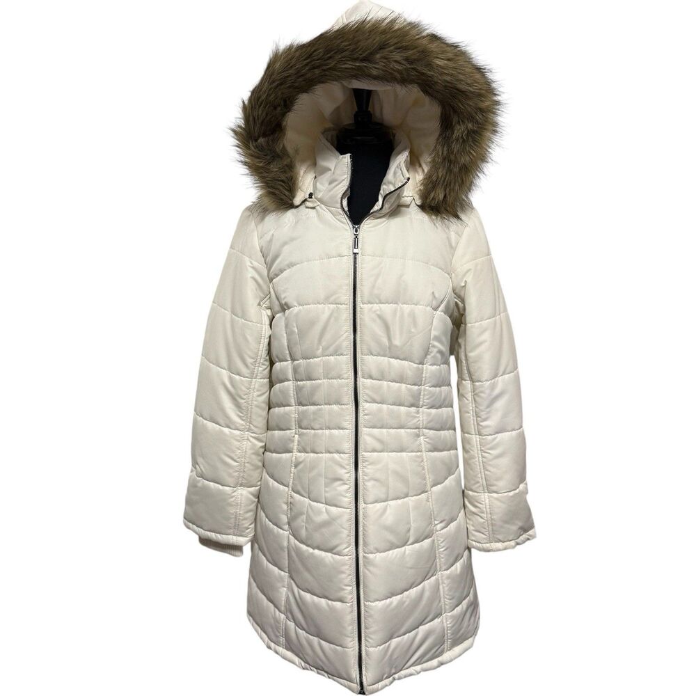 Susan Graver White Quilted Puffer Coat with Faux Fur Hood – Women’s Size M